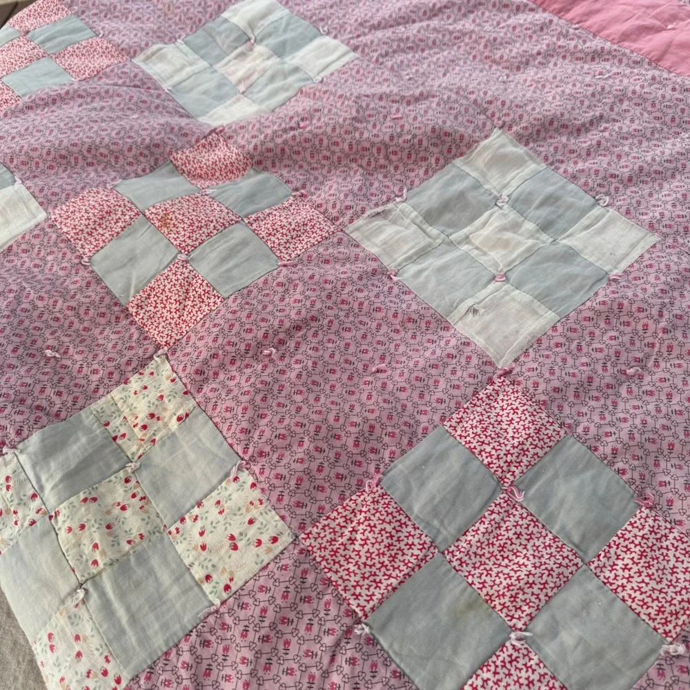 Vintage Handmade Patchwork Quilt Pink Floral Nine Patch Cottagecore Cutter 84x88